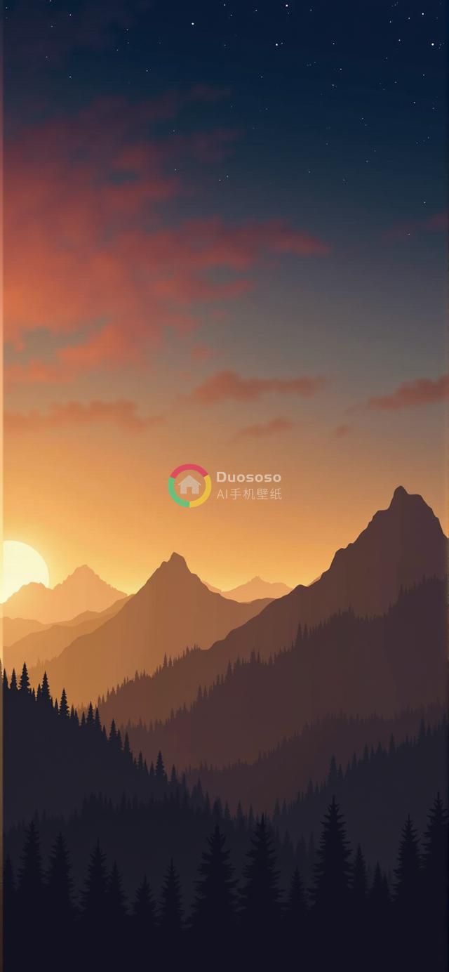 落日余晖下的壮丽山景：金晖闪耀峰顶，橙红渲染天空