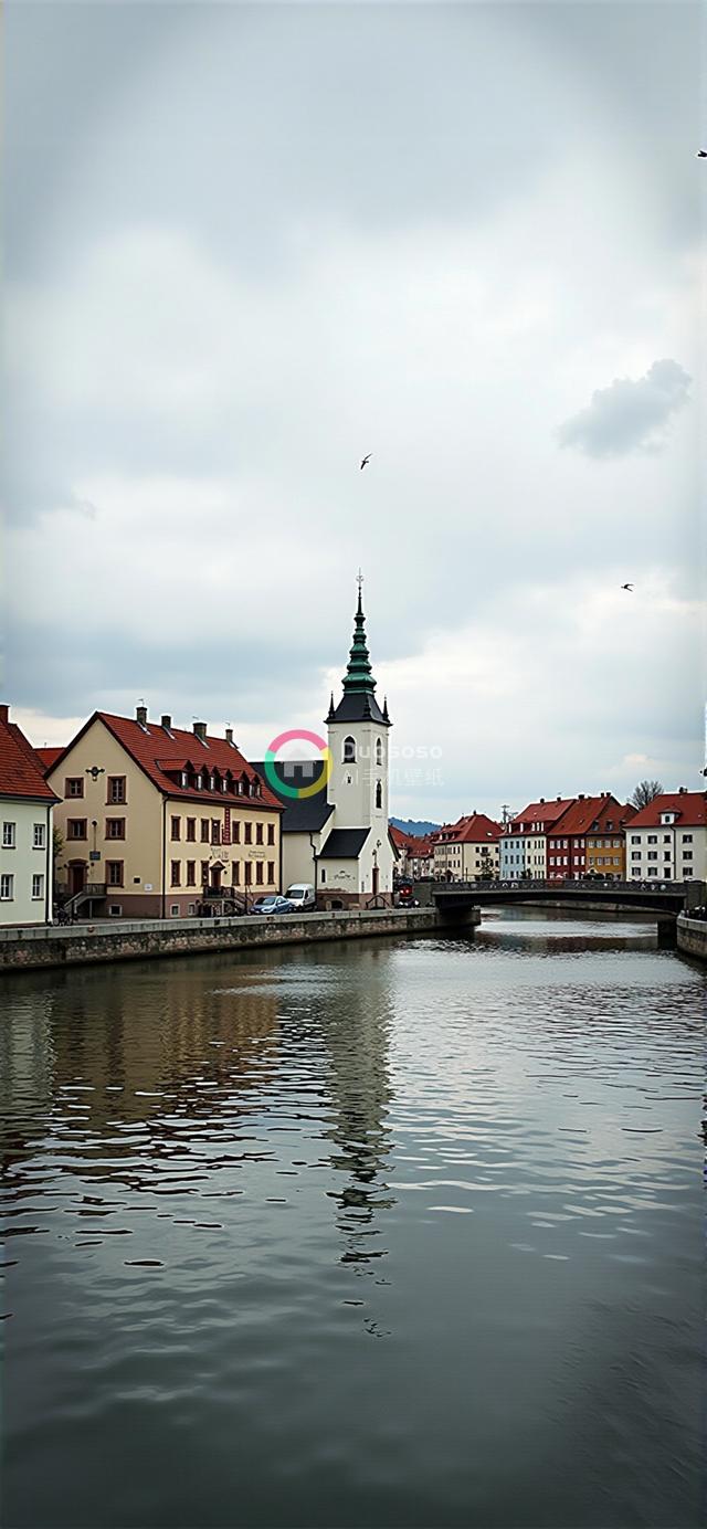 阴天欧洲小镇风光：彩建筑河畔映水鸟飞
