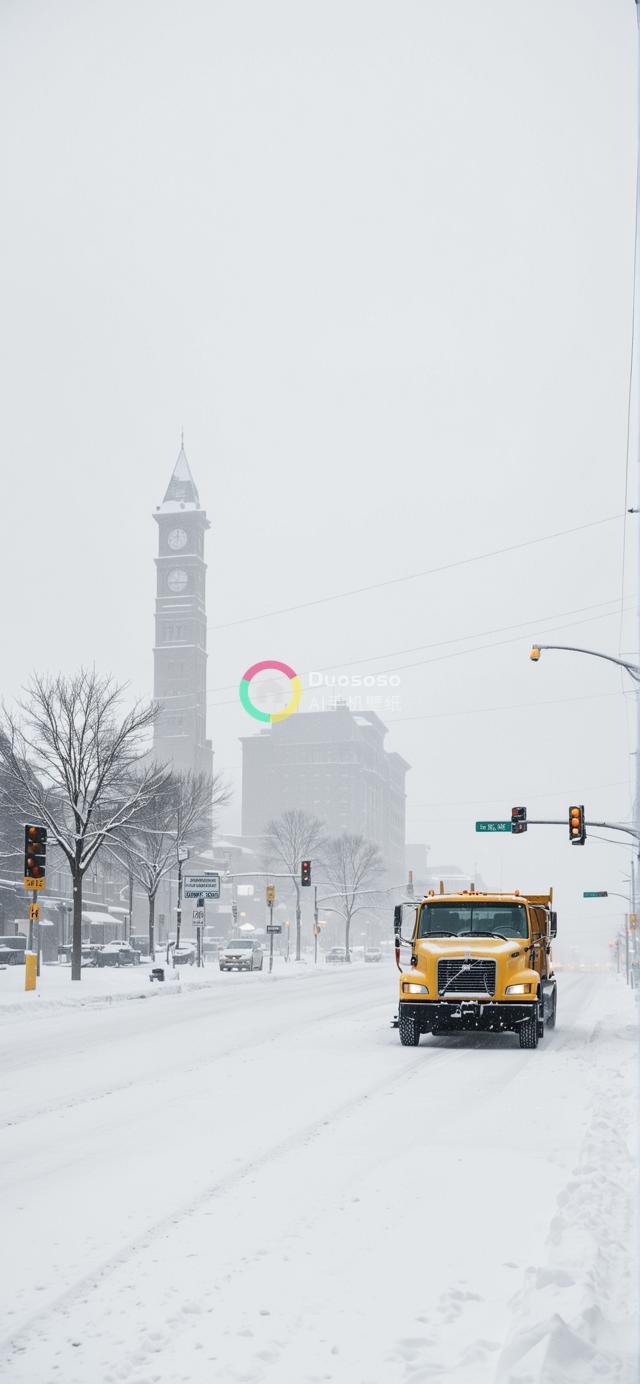 鲜雪覆盖下黄色铲雪车清扫城市街道的照片