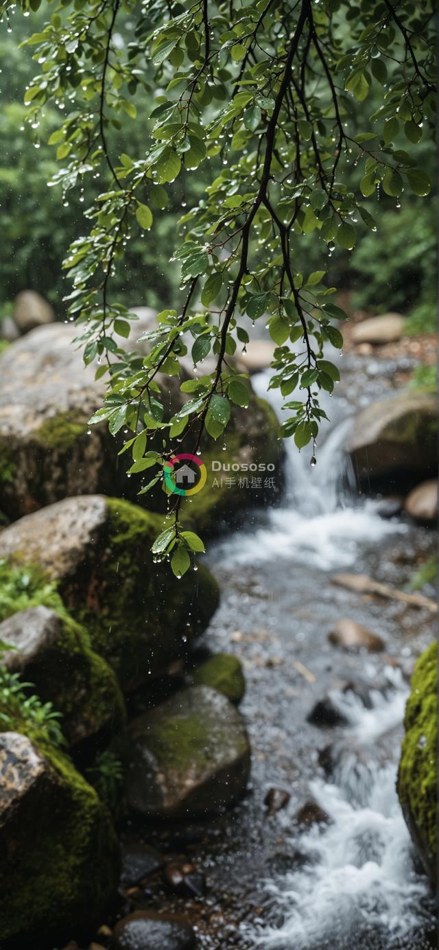 迷雾森林中瀑布流水绿叶雨滴的宁静摄影