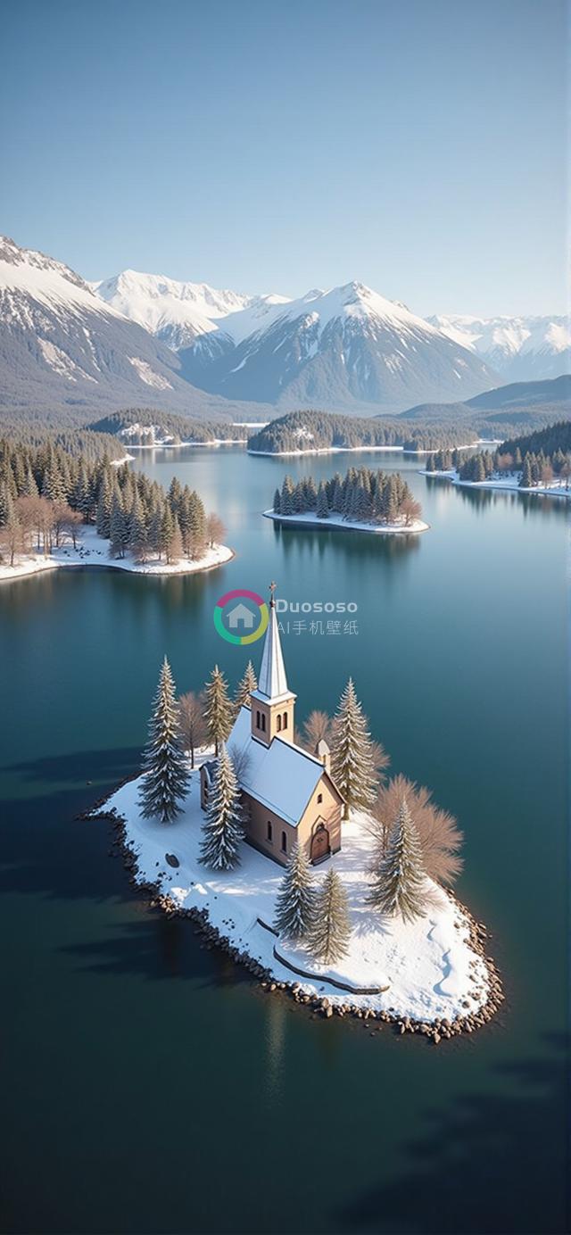 湖中岛雪覆盖教堂航拍：静谧冬日自然之美