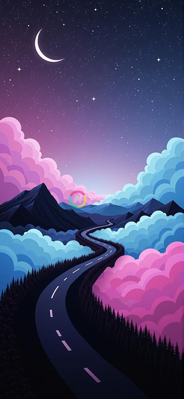 暮色山景中蜿蜒道路的梦幻渲染图像