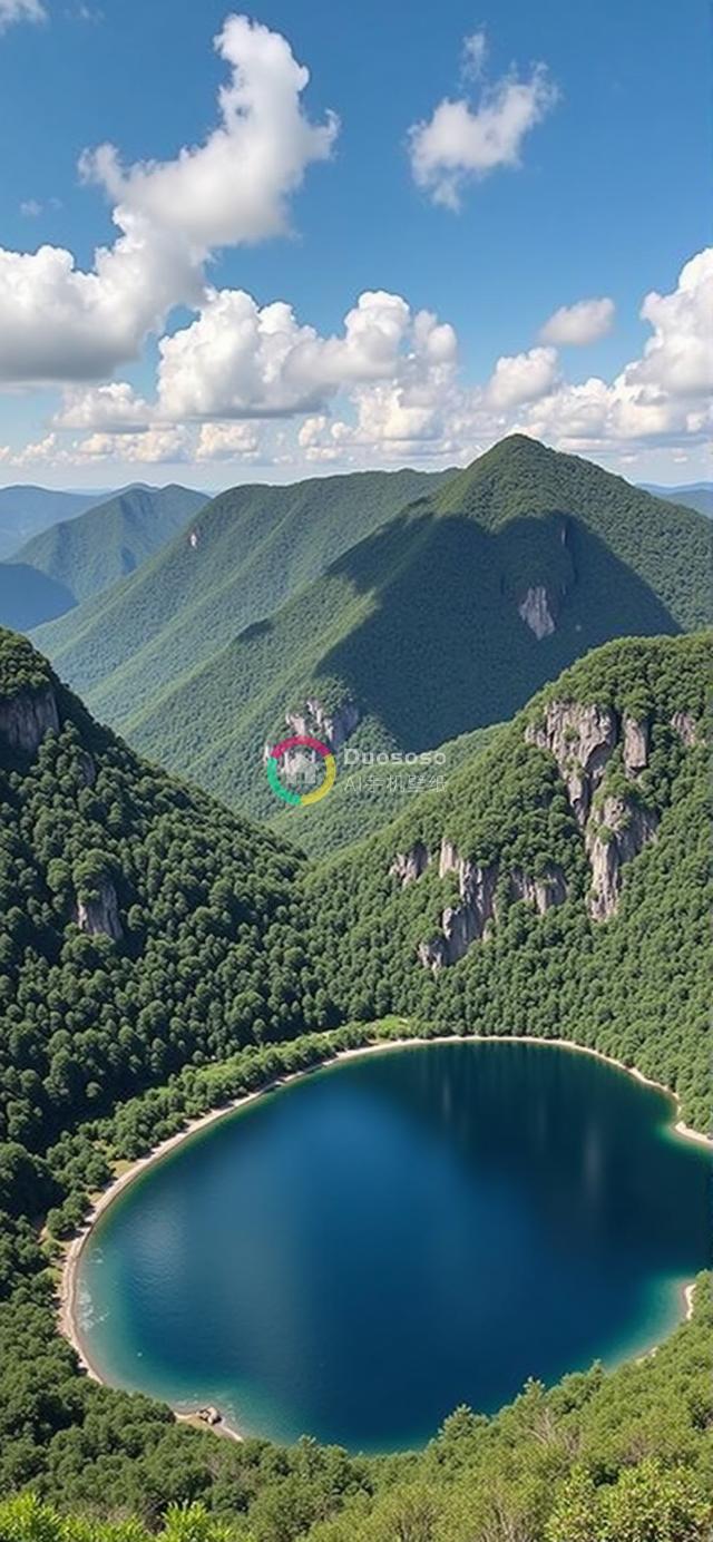 “高山谷中椭圆碧湖全景：翠绿山峦环抱，碧空云卷云舒”