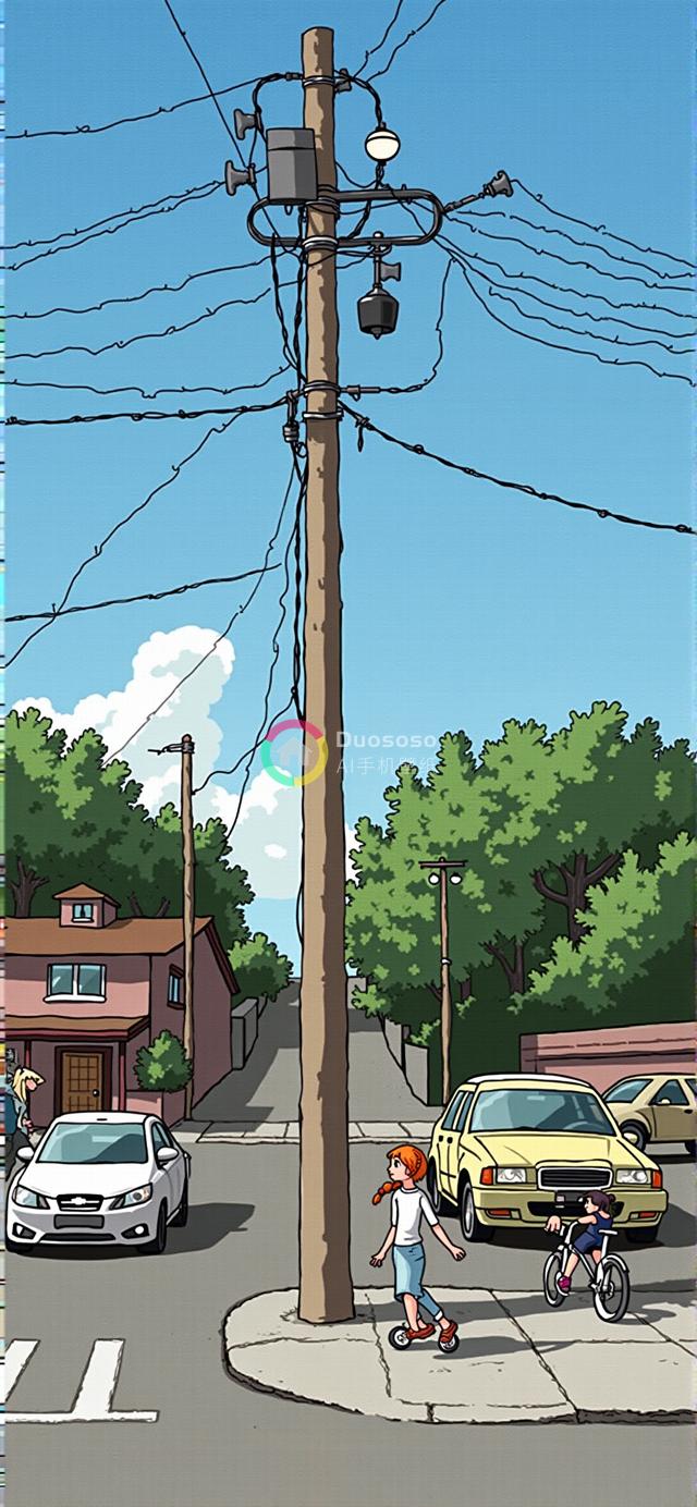 阳光下的郊外街头景象：卡通风格凸显宁静与怀旧