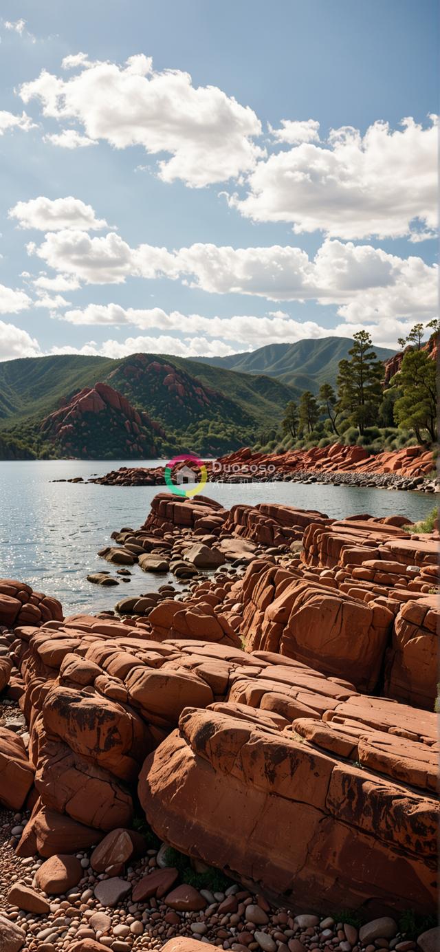 铁氧化物染红的岩石海岸线：壮丽与宁静的低角度风光