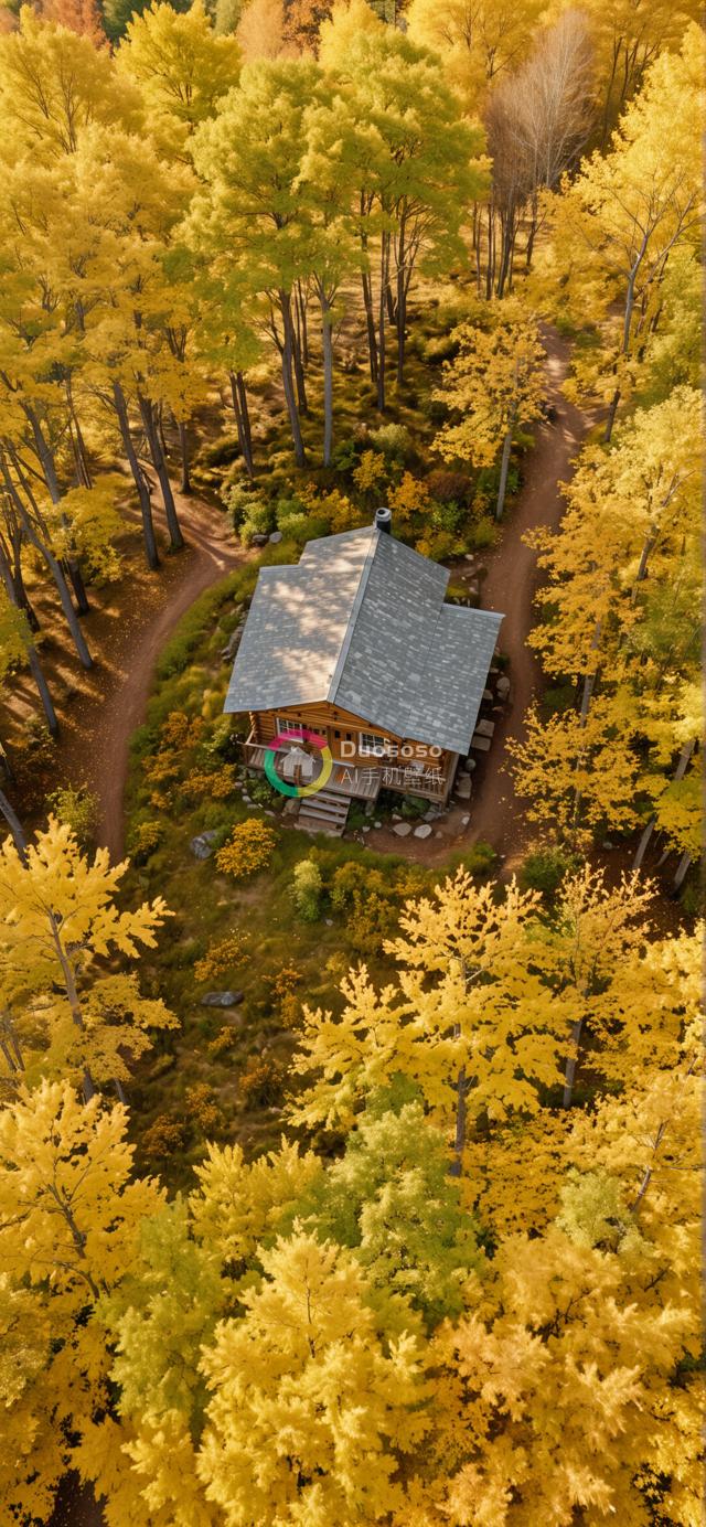 秋日森林中宁静小木屋的空中俯瞰照