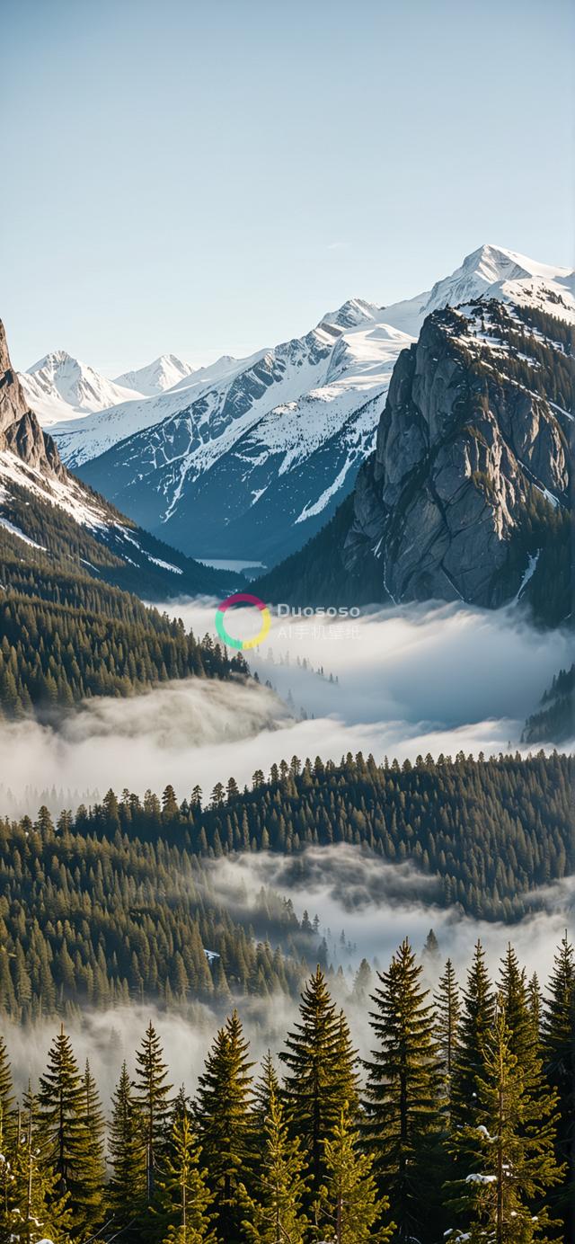 迷雾笼罩下的壮丽雪山全景摄影