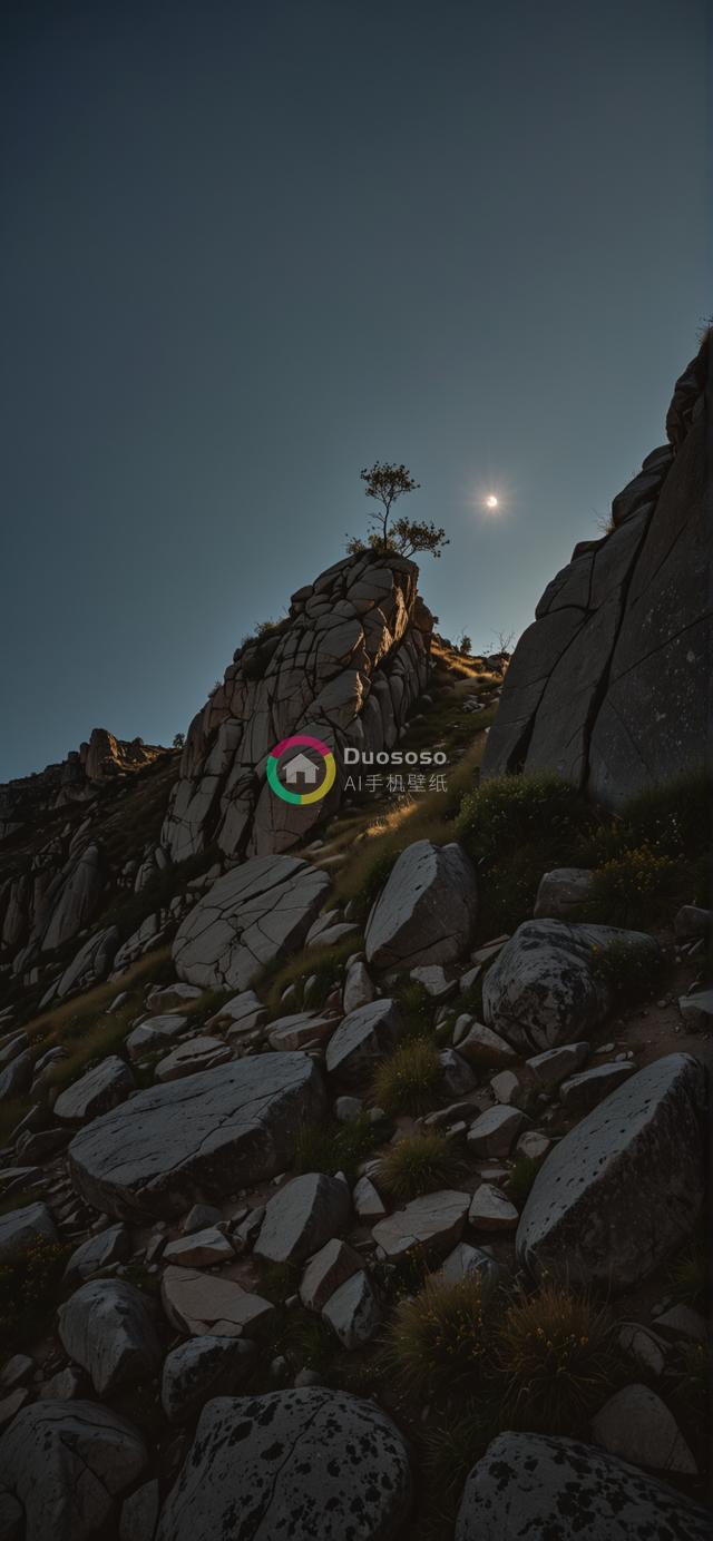 暮色中的岩山摄影：孤独树影映衬深蓝天际与夕阳