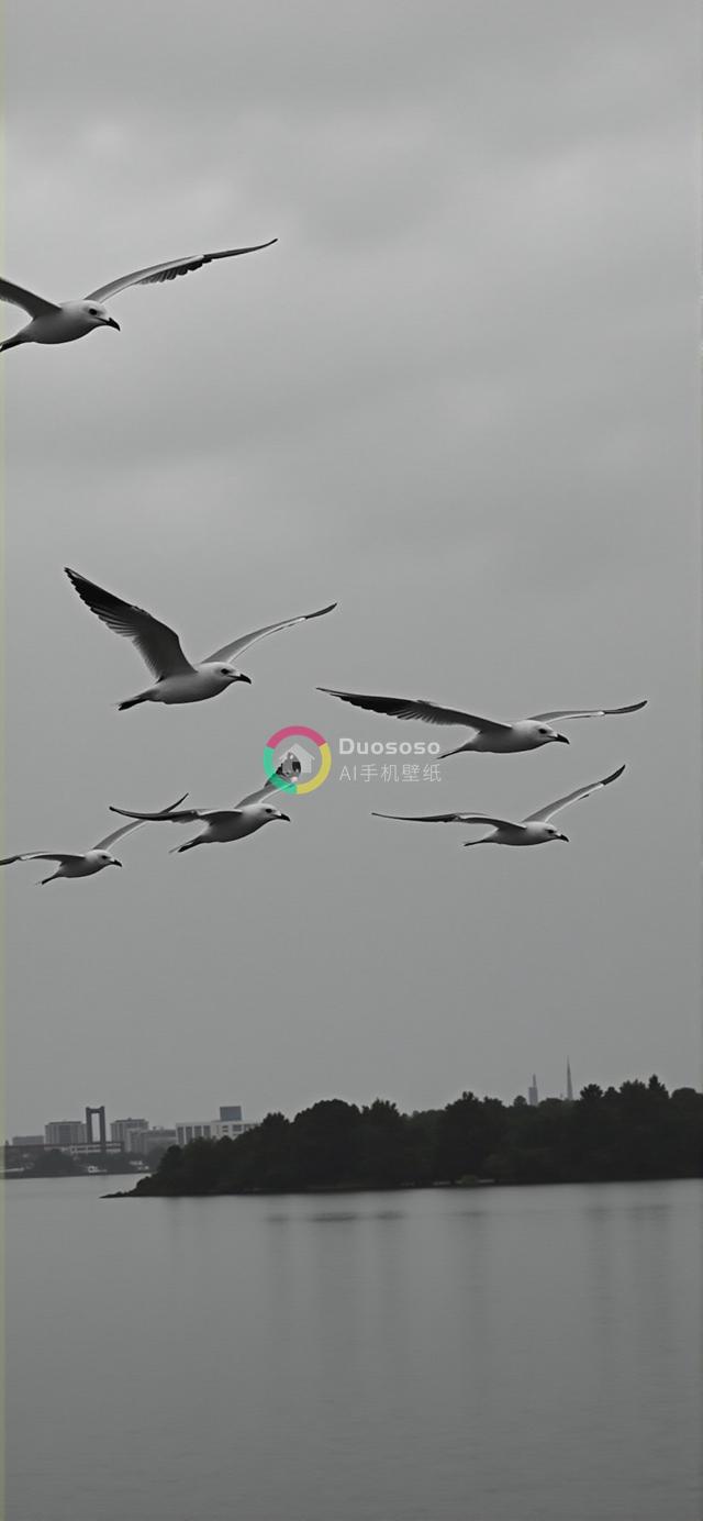 低角度拍摄六只海鸥灰暗天空下水上翱翔照片