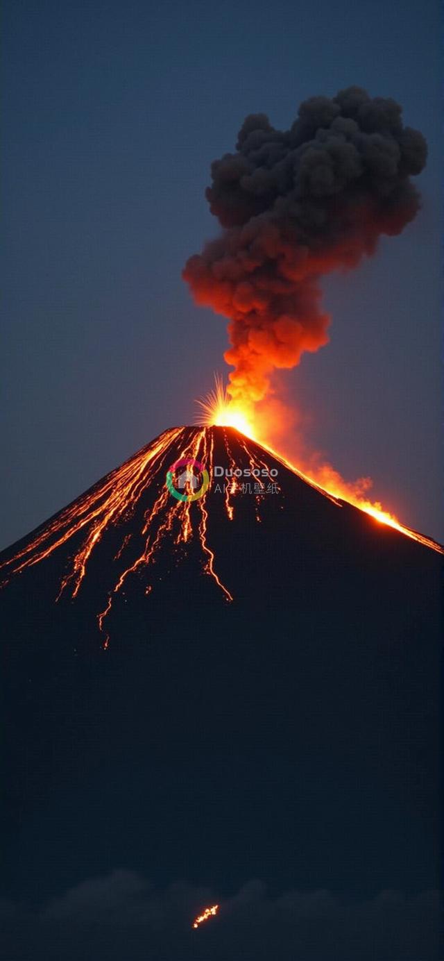 暮色火山爆发奇观：火山轮廓巍峨，顶峰橙红岩浆流淌，灰黑烟雾弥漫暮空