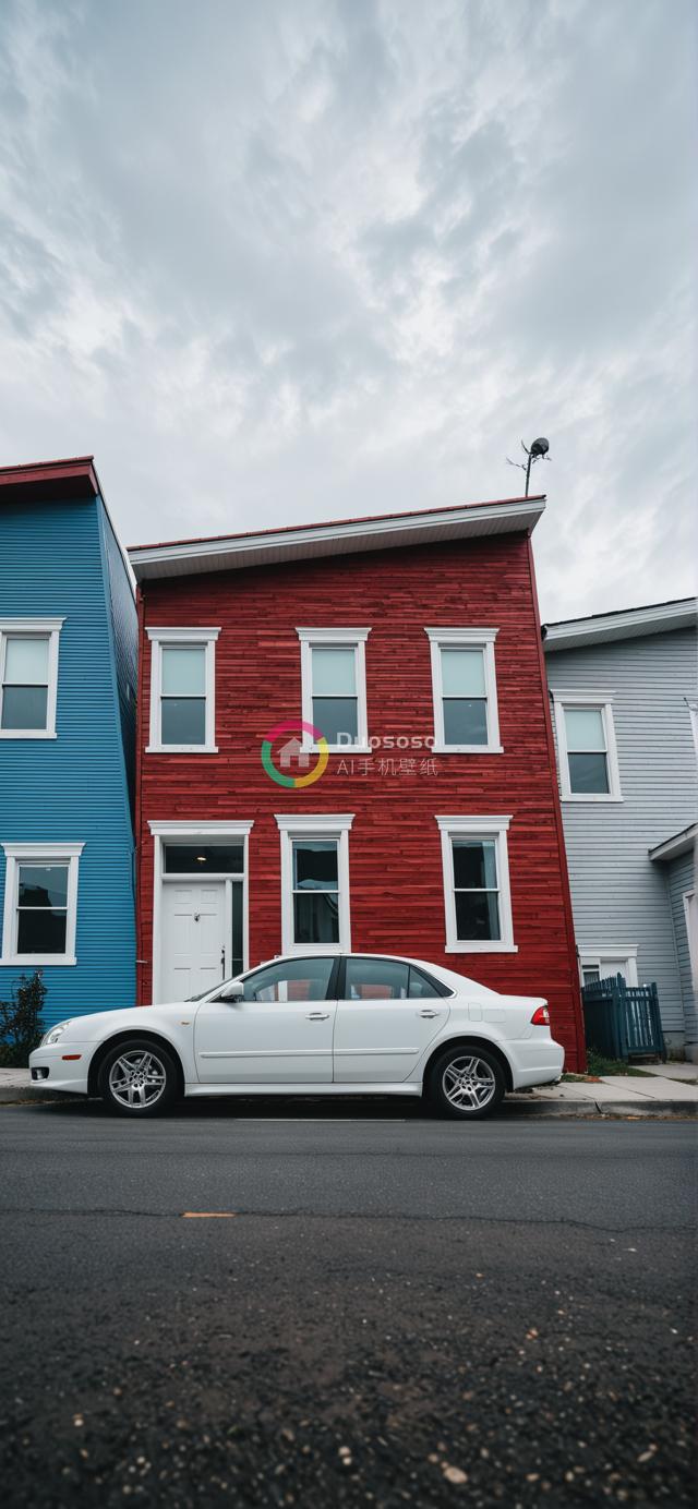 宁静街道上彩色房屋前的白色车辆照片