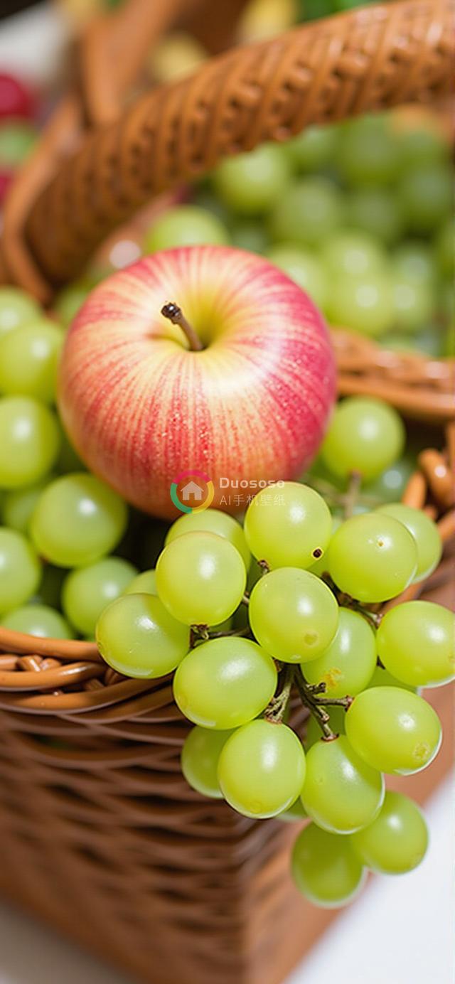 焦点鲜果：红黄苹果与绿葡萄篮中的视觉艺术