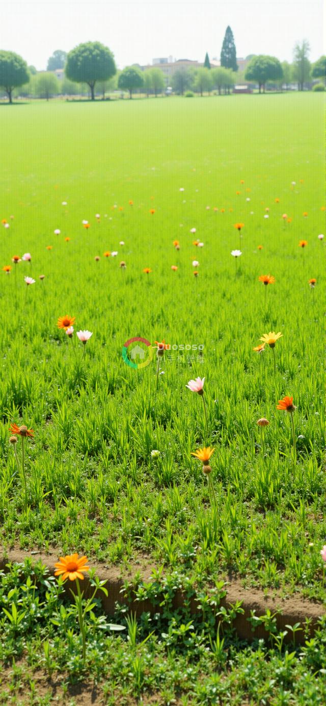 “翠绿草场与多彩雏菊构成的宁静春景摄影”