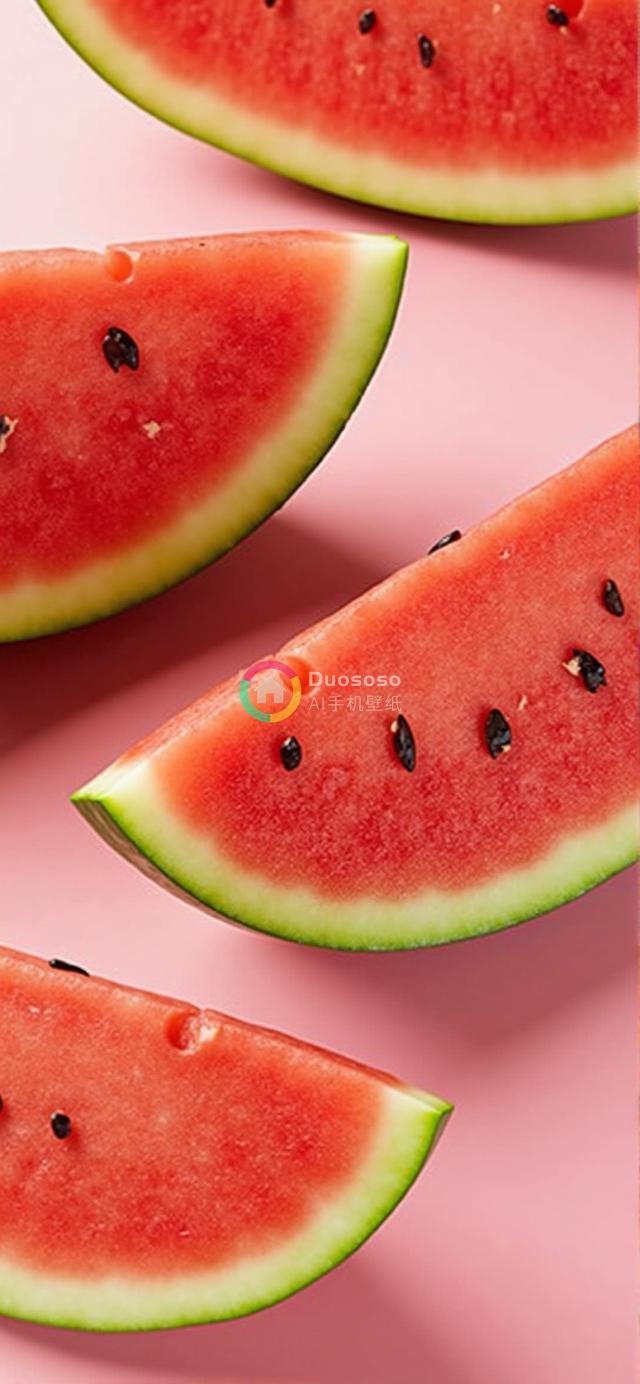 粉红背景下的四级切片西瓜摆拍：鲜艳红肉、黑籽与绿皮交相辉映