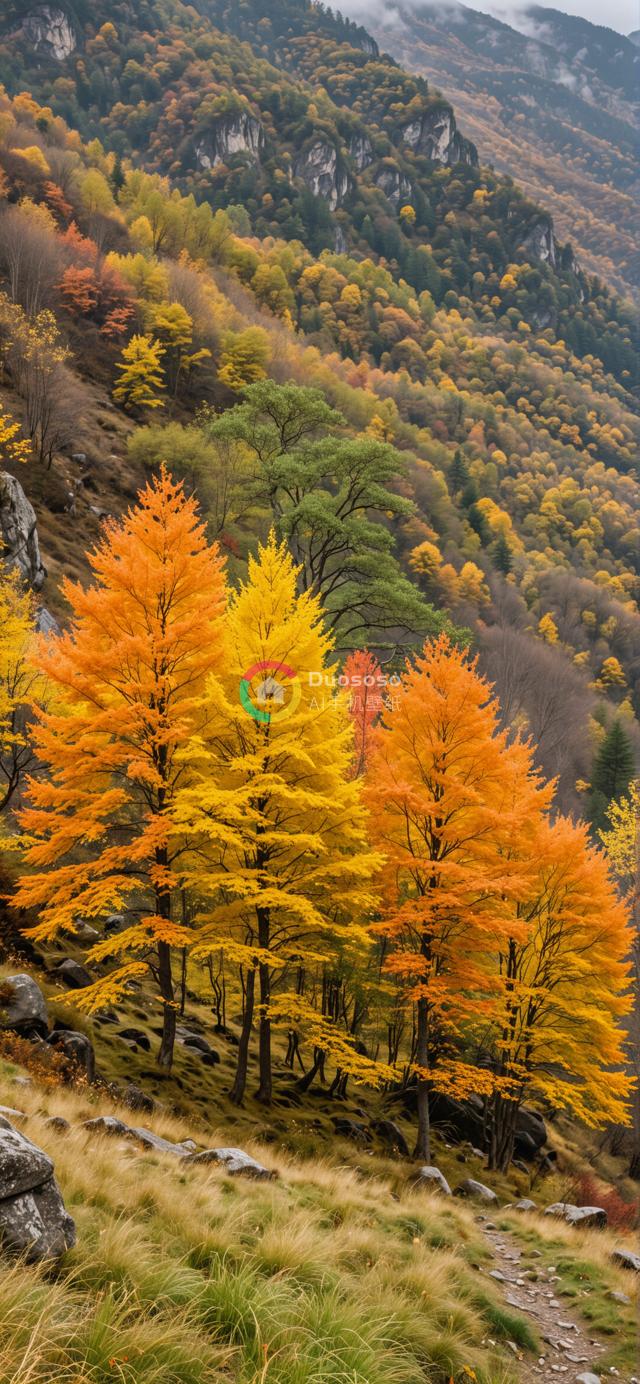 金秋山峦风光：璀璨黄叶巨树簇与多彩林坡的徒步旅行画卷