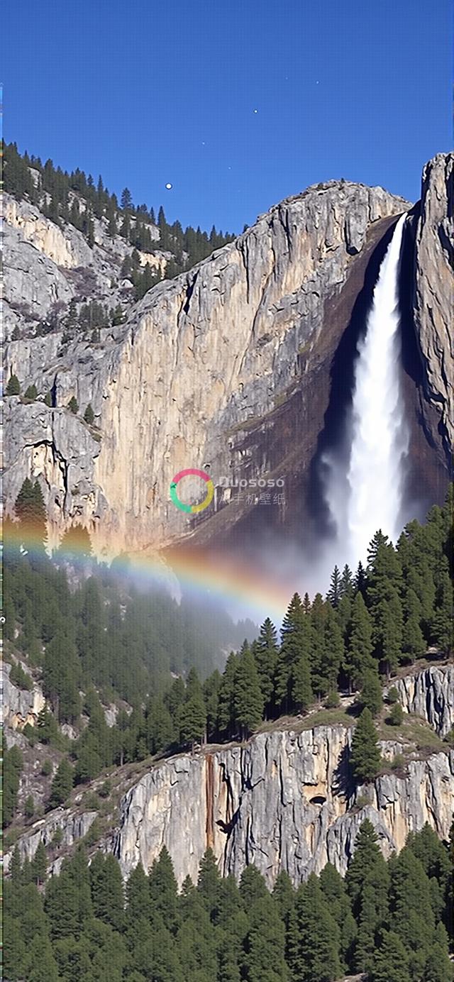  远眺绝壁飞瀑：瑰丽彩虹、苍翠森林与壮美自然的全景画卷