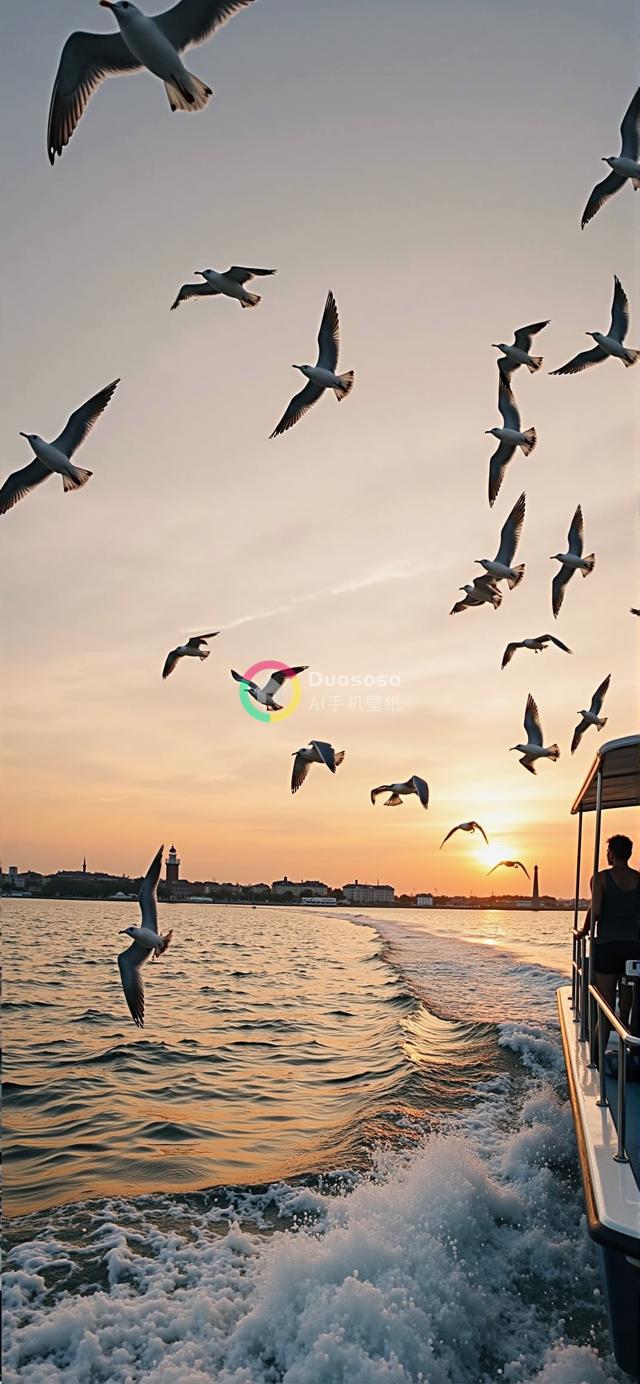 移动船甲板上拍摄的海鸥群飞越深蓝水域的日落风光照片