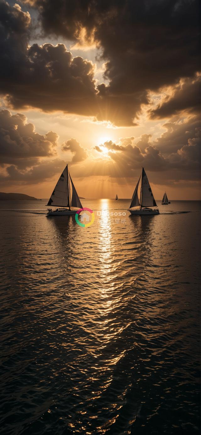 落日余晖下三艘帆船剪影在金色波光粼粼的海面