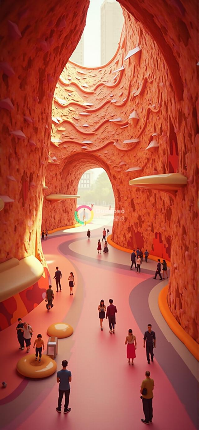 未来派室内步行道：粉橙交织的梦幻城市峡谷