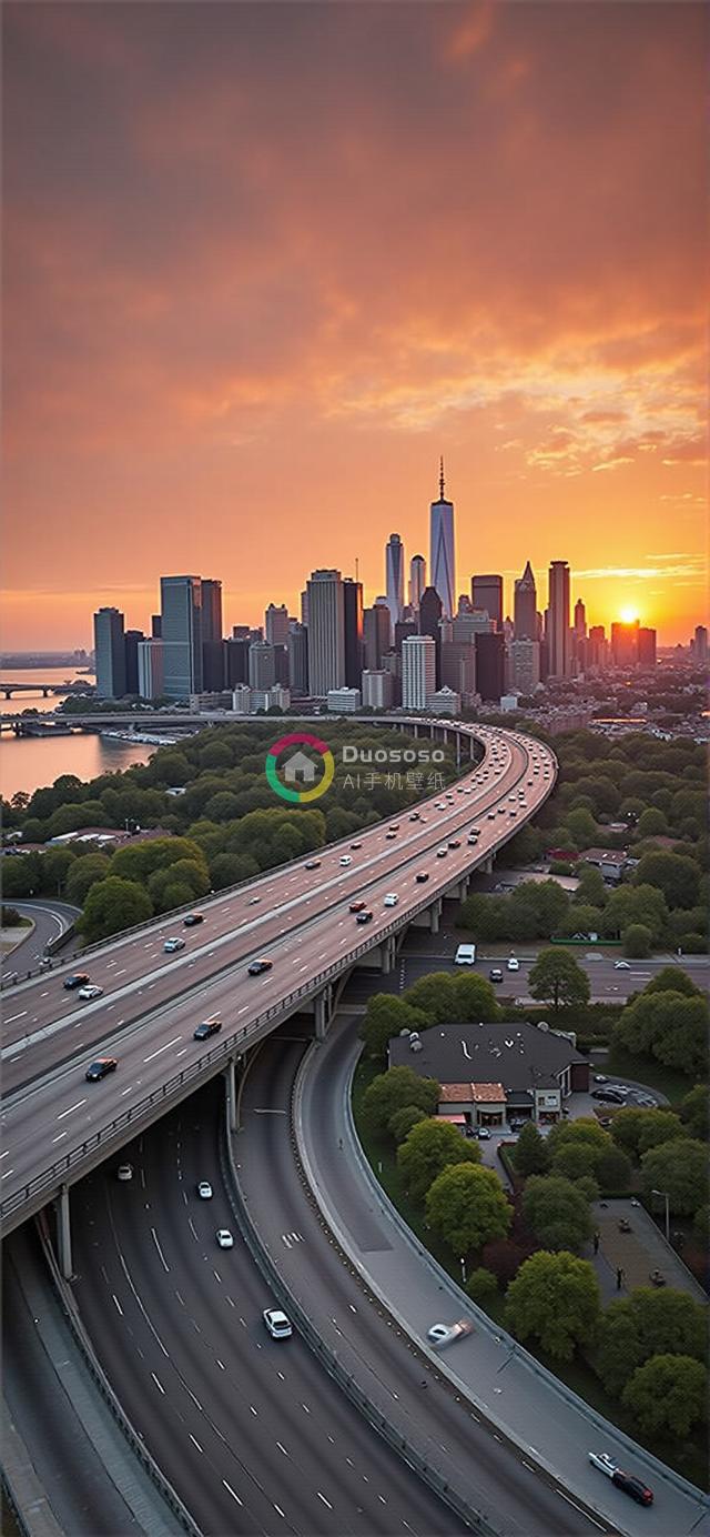 日落时分的纽约天际线：繁忙公路与城市景观的温暖邂逅