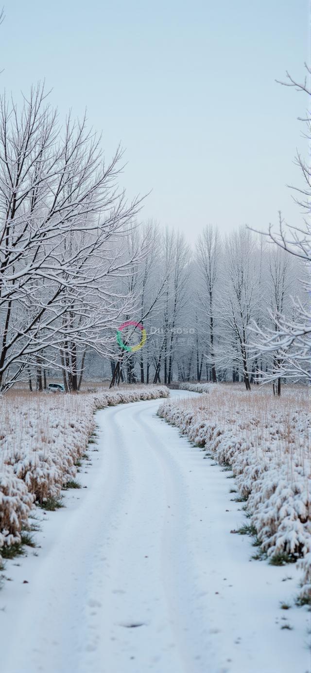 雪覆盖森林蜿蜒小径的照片：车辙印迹与静谧蓝天映衬下的冬日景深
