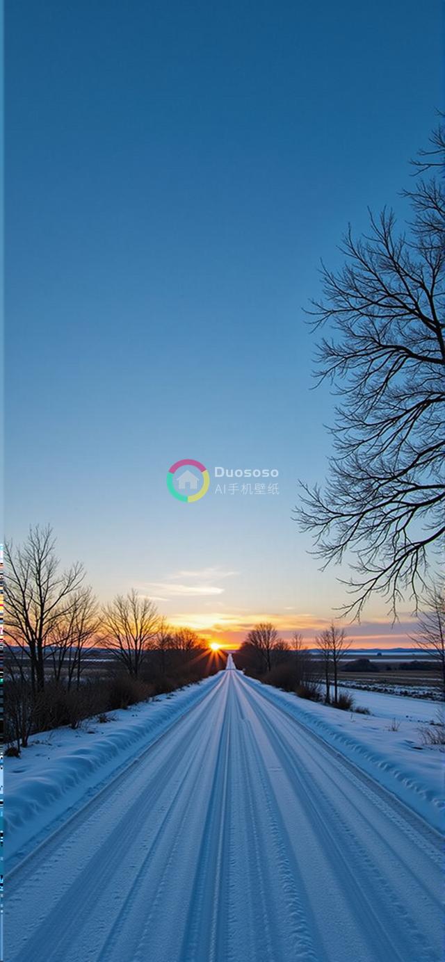 雪夜夕阳下的宁静乡道摄影