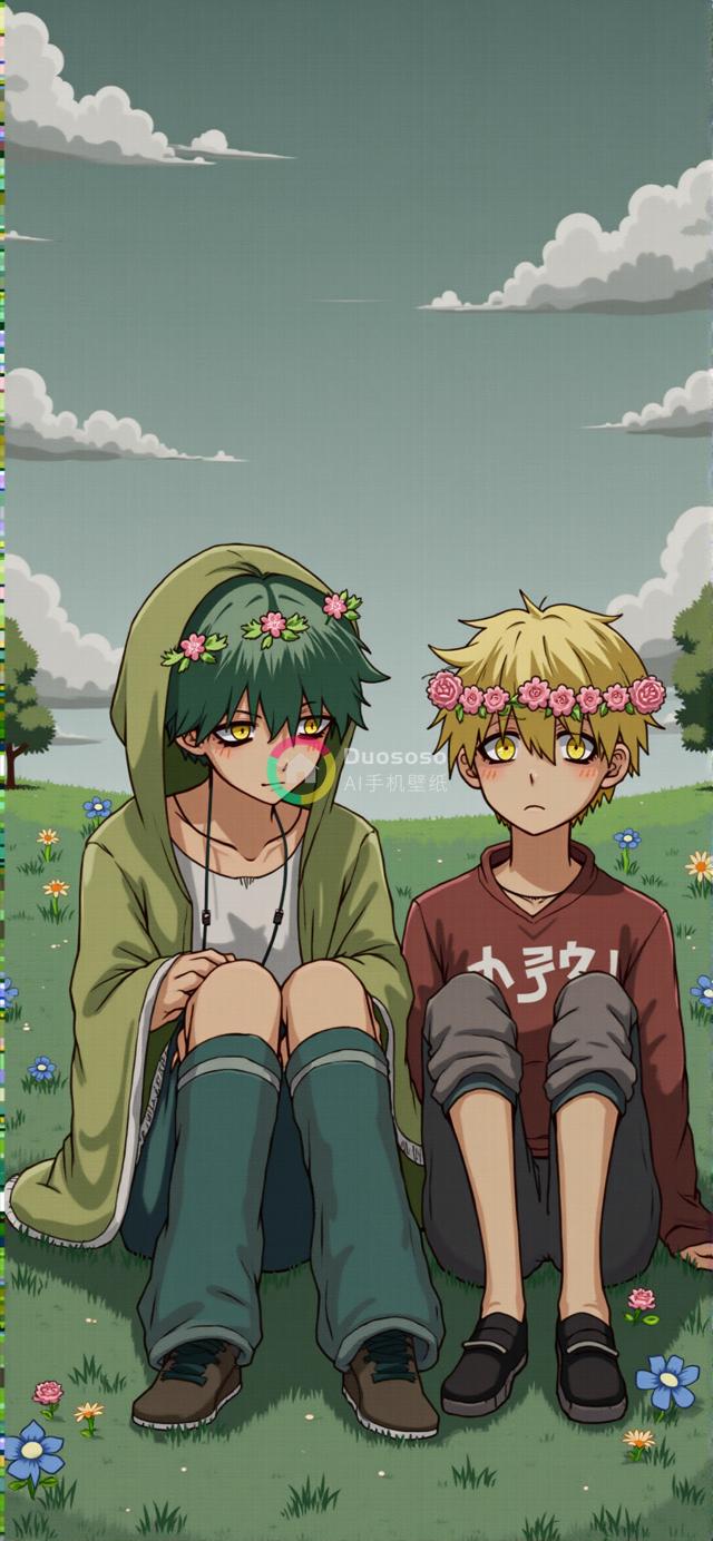 动漫风格双角色花海静坐复古插画