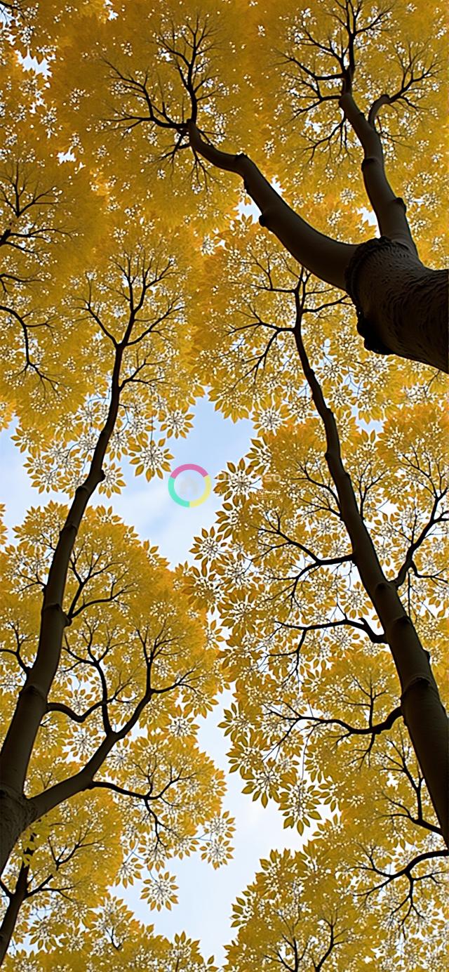 秋日树丛光影：金色叶脉映蓝天的壮丽景象