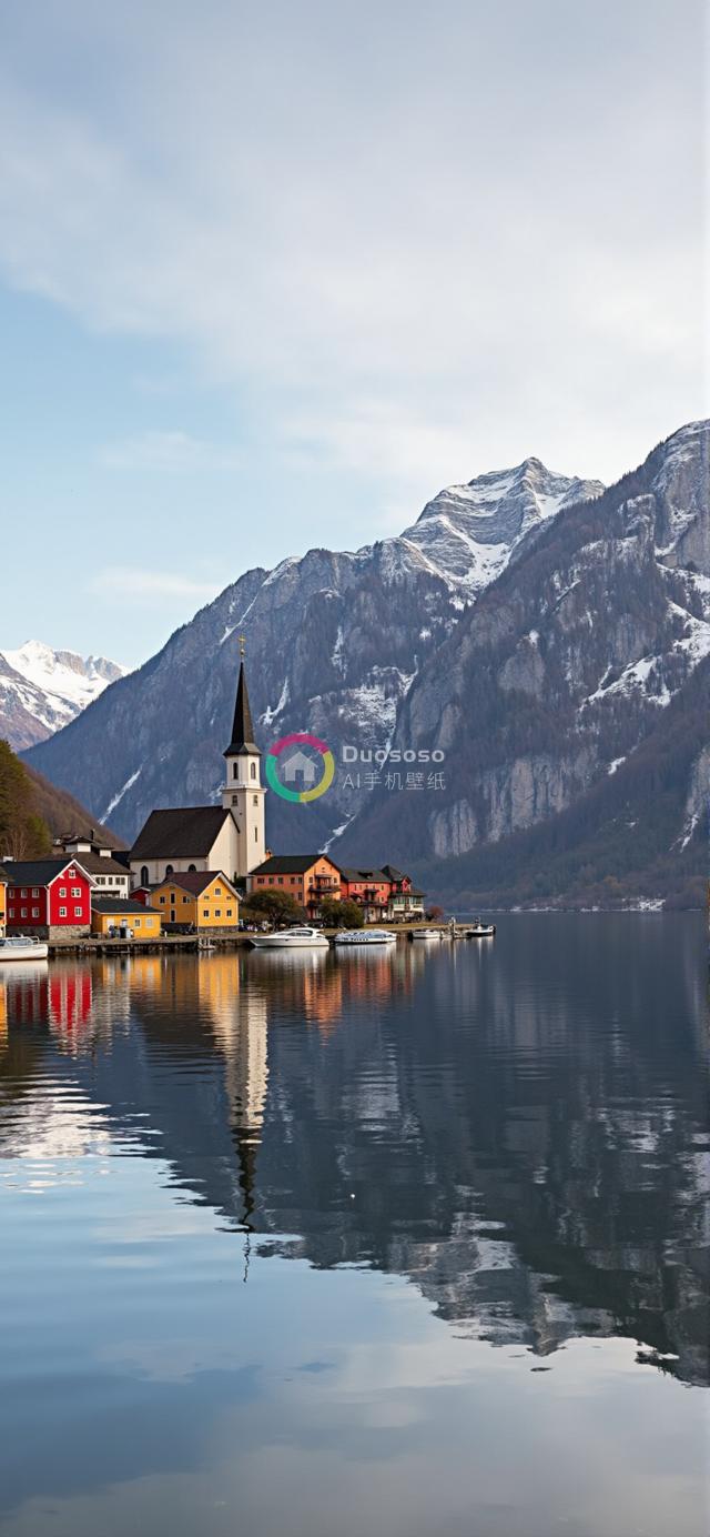 湖畔欧式风情村庄：雪峰映照下的宁静与和谐