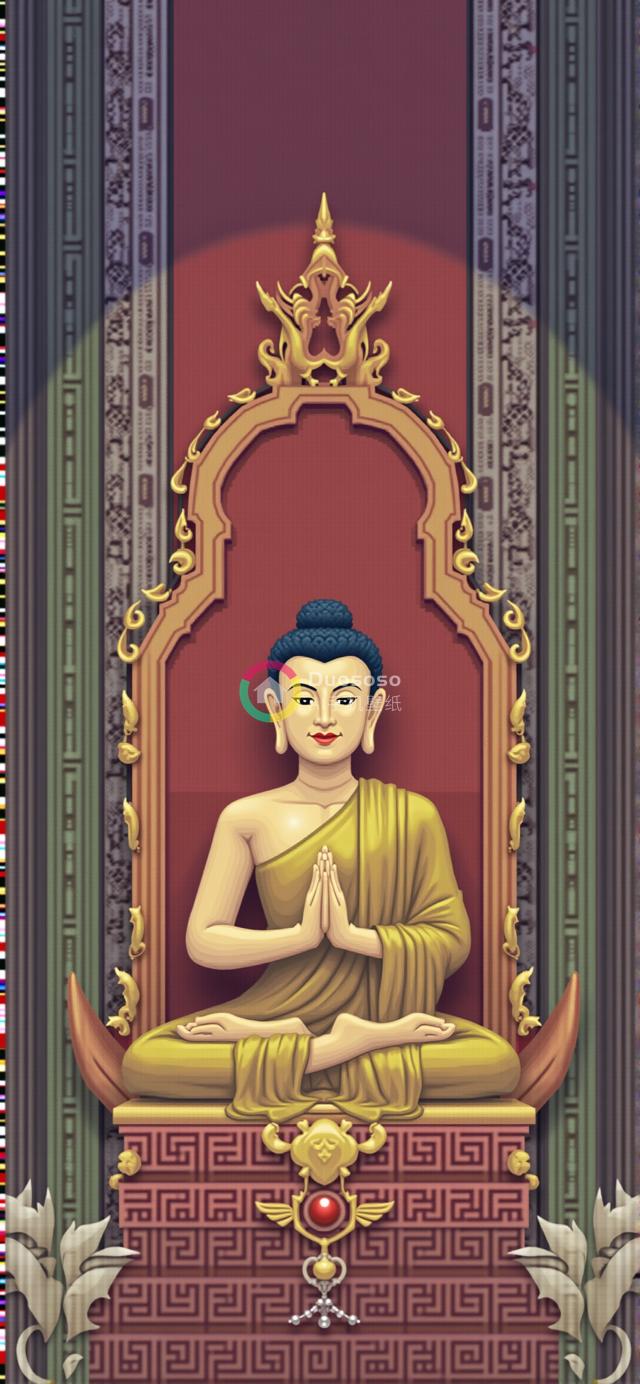 生动风格化的佛像渲染图：金色禅衣静谧坐姿，映衬华美红色背景与复杂雕刻