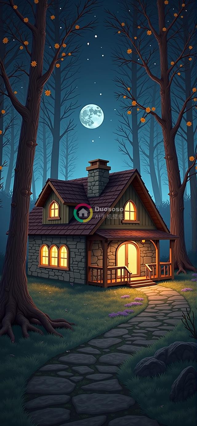 夜色中林间童话石屋的温馨光影渲染画