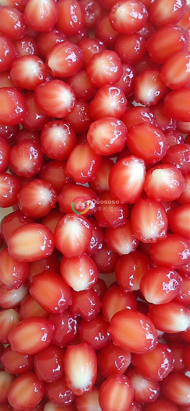 饱满闪亮的石榴籽紧密堆叠照：鲜红表皮与晶莹果肉的视觉盛宴