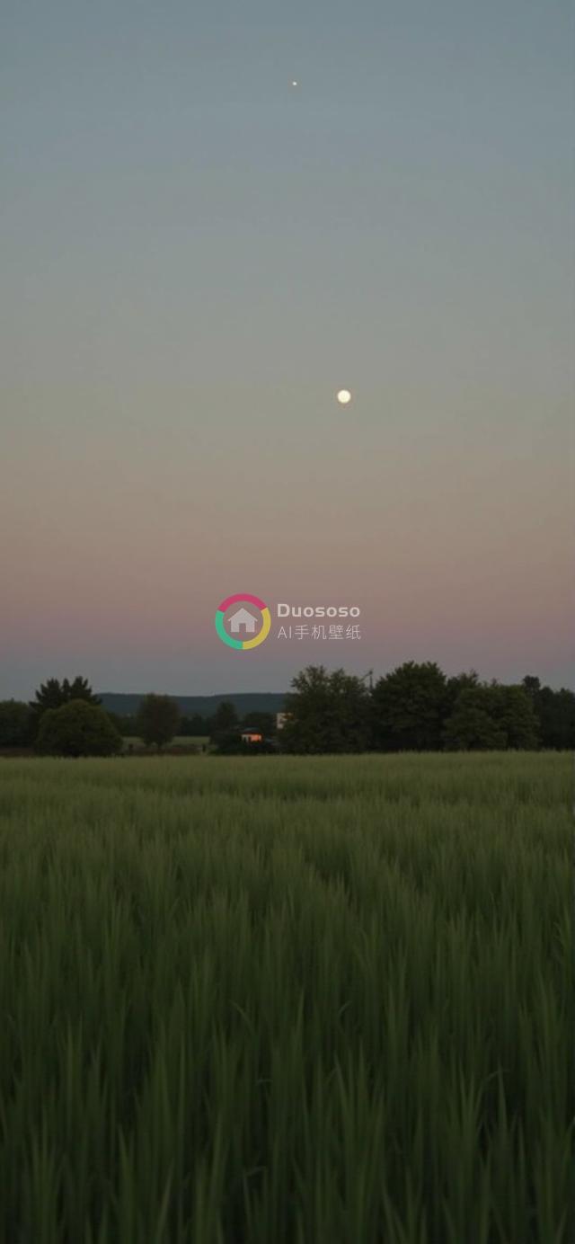 宁静黄昏景色摄影：草地低角度视野下的天空与月光