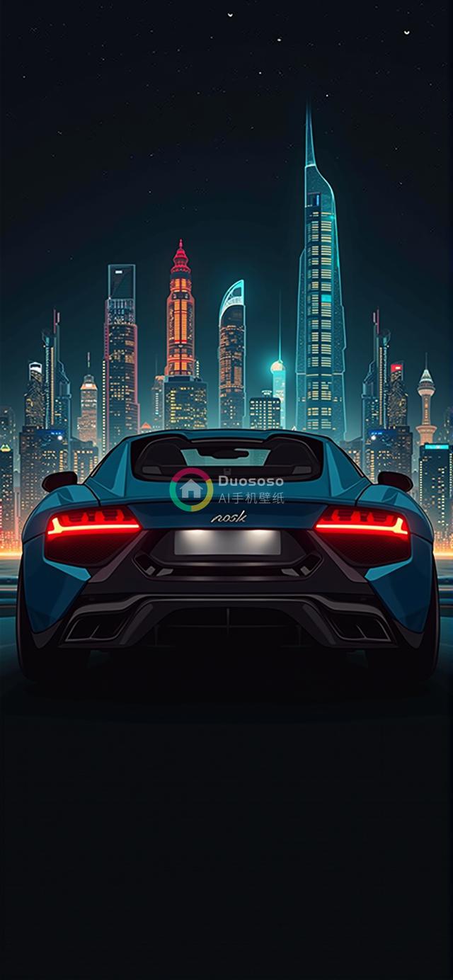 夜幕下迪拜风格未来都市背景下，炫酷现代跑车展现奢华动力风采