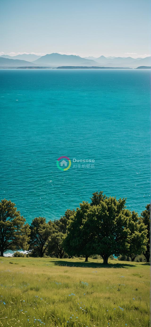 宁静海景摄影：俯瞰生机勃勃的碧海连天，绿草野花与远山薄雾共绘平和画卷