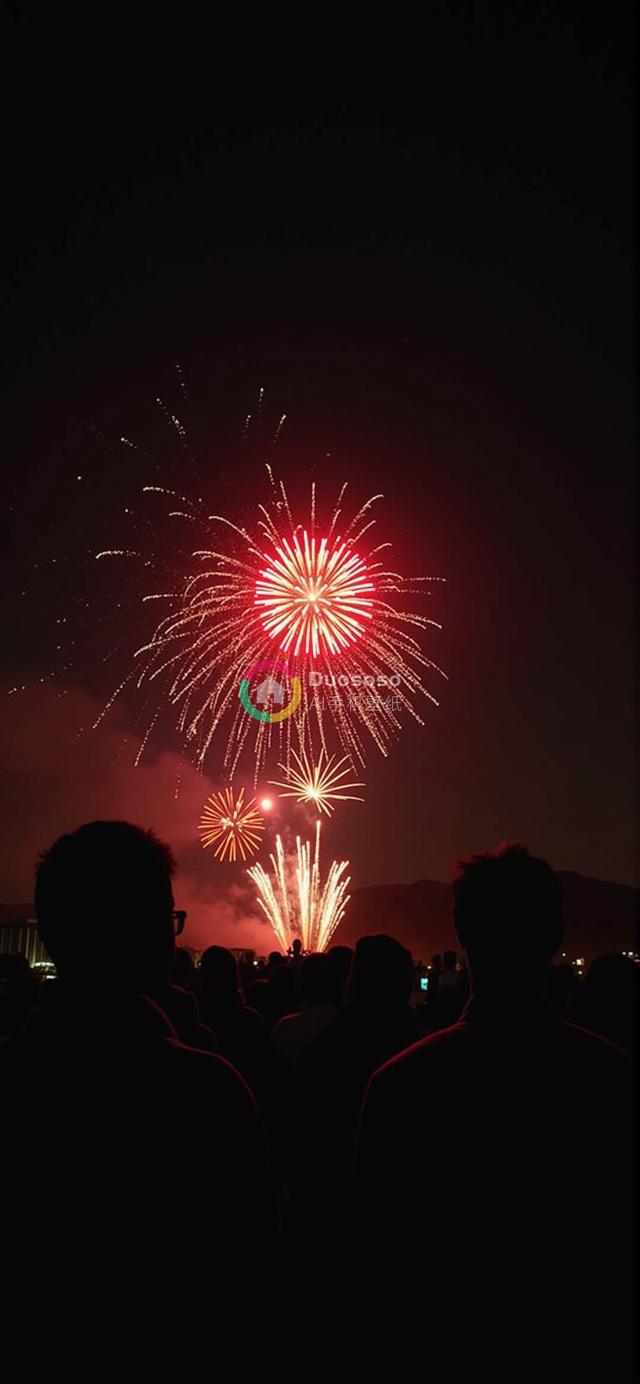 夜幕下烟花盛宴：红橙白交织的庆典盛景与人群剪影