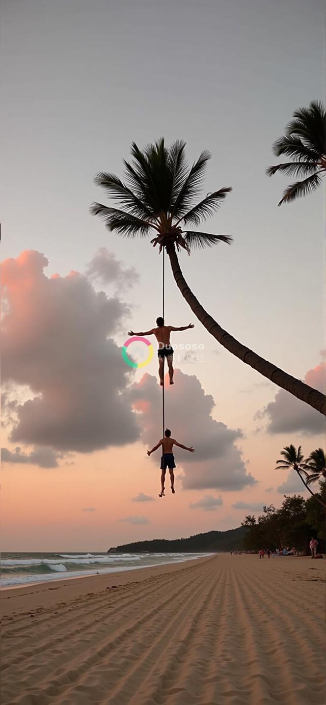 落日余晖下海滩棕榈树间走绳双人剪影摄影