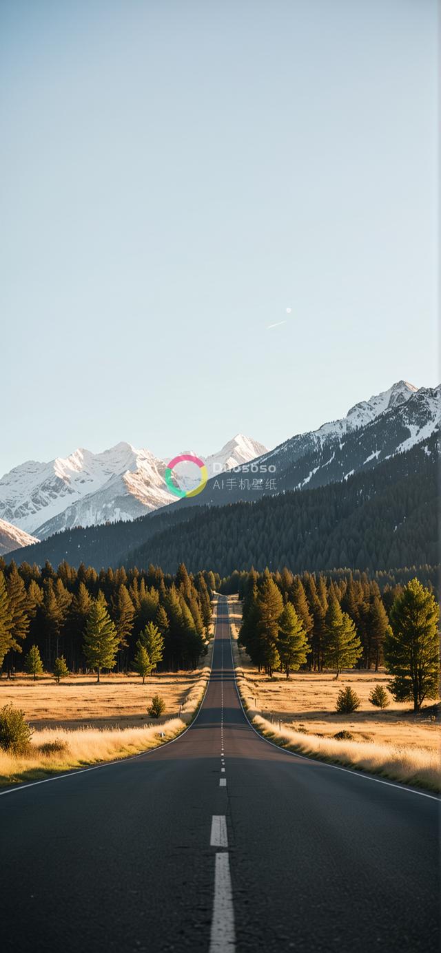 雪峰之下金色余晖映衬的无尽公路探险摄影