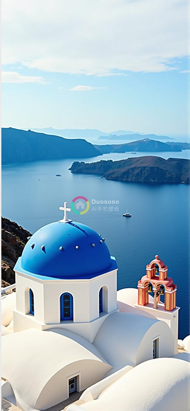 “希腊风情：悬崖之上的蓝天白云与蔚蓝穹顶教堂映衬爱琴海绝美风光”