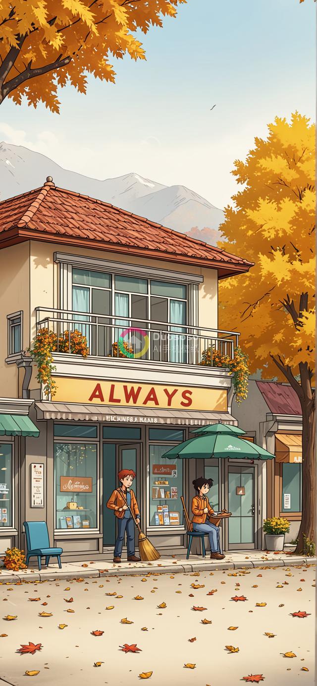 秋日卡通风格温馨店面插画：两青年与落叶共织美景