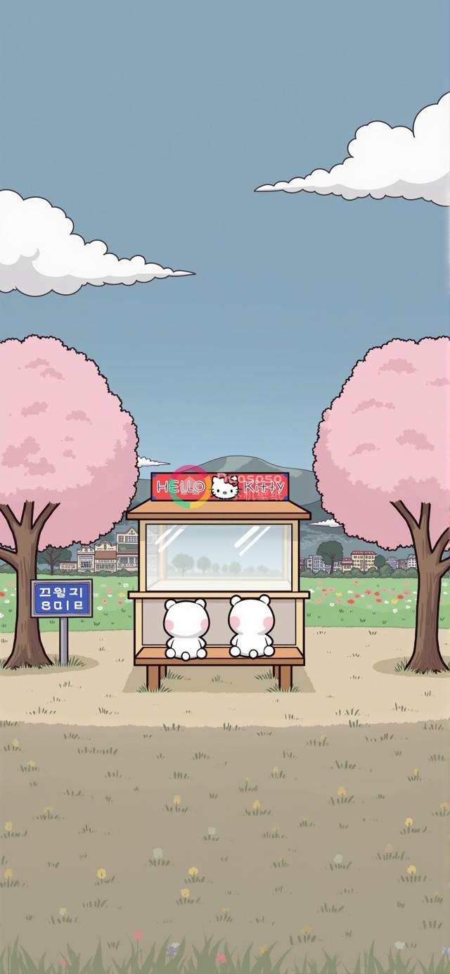 卡通白熊双人快乐等公交插画：晴朗天空下的粉色樱花公园