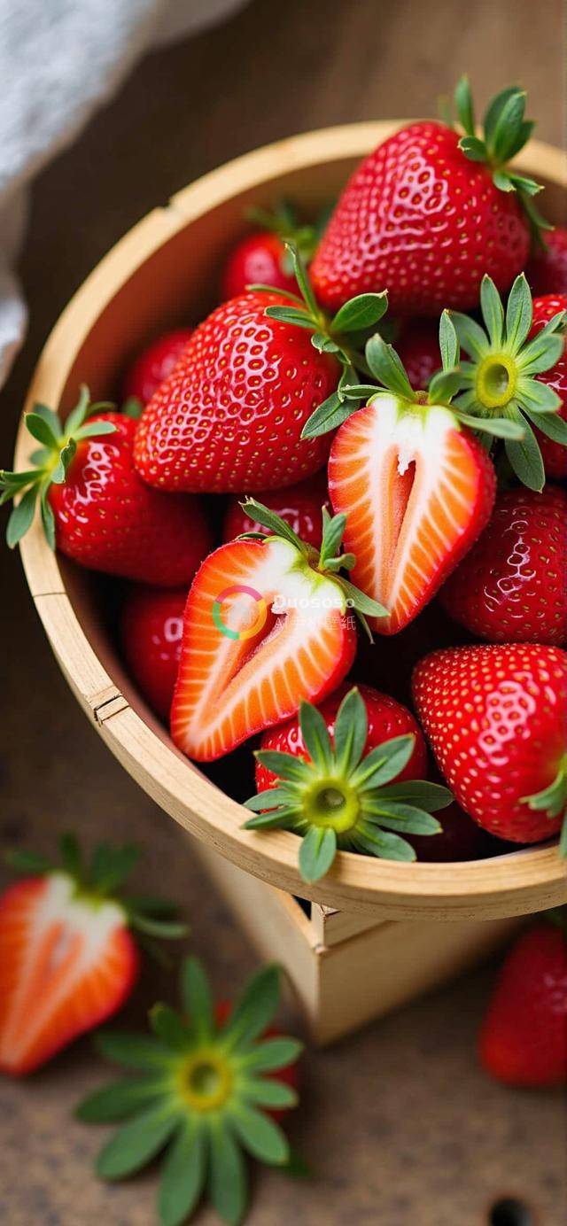 高角度俯瞰，木碗装盛新鲜草莓，色彩鲜艳，层次丰富