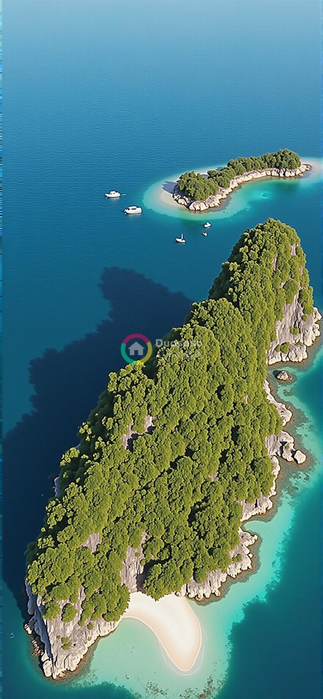 “鸟瞰视角下的翠绿海岛：碧树白沙与蔚蓝海域的绝美风光”