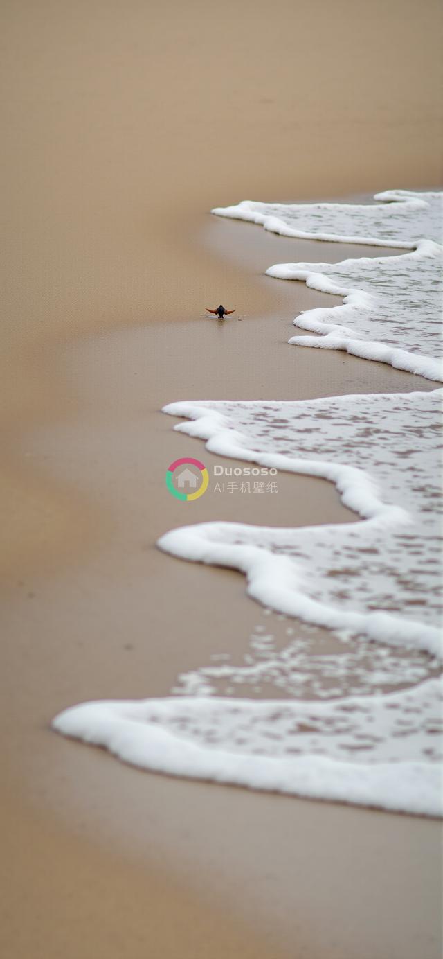 宁静海滩景象：波涛轻拍米色沙滩，小螃蟹静立海浪边缘