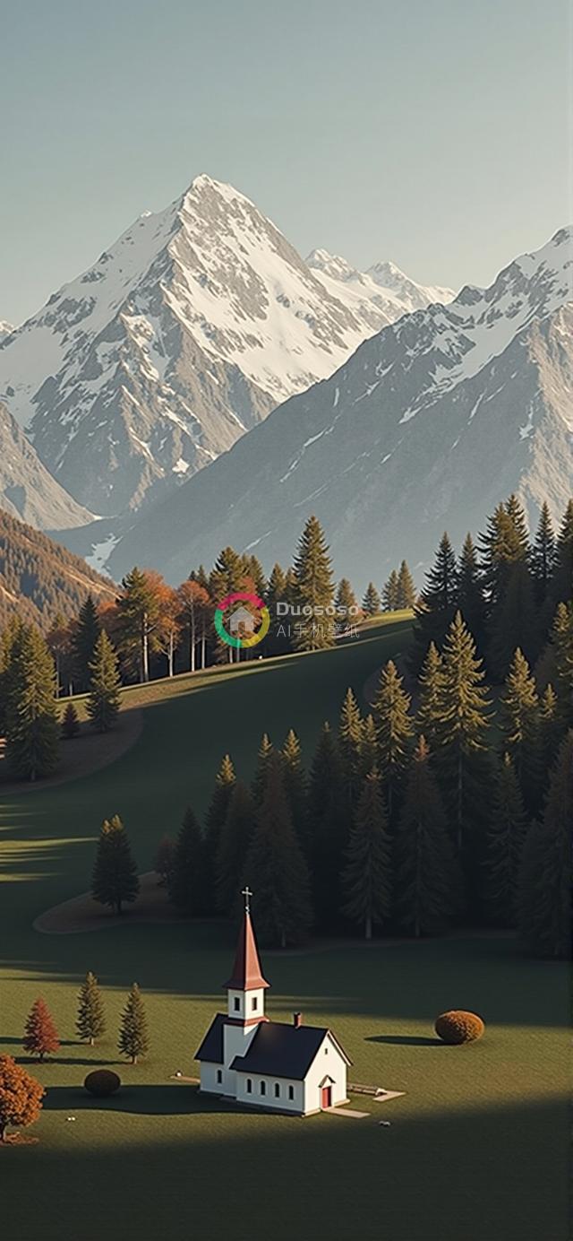 孤教堂映雪峰：绿谷夕阳下的宁静风光