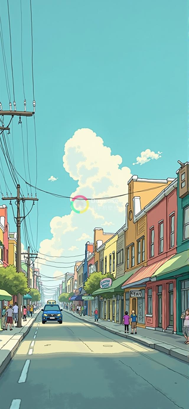 阳光明媚街景卡通插画：热闹都市风情