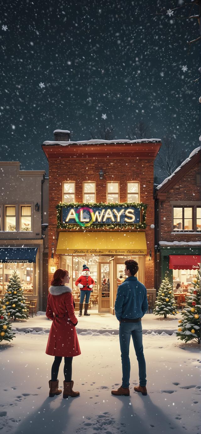 浪漫圣诞雪夜景象：情侣凝望温馨店铺「ALWAYS」，感受节日魔力