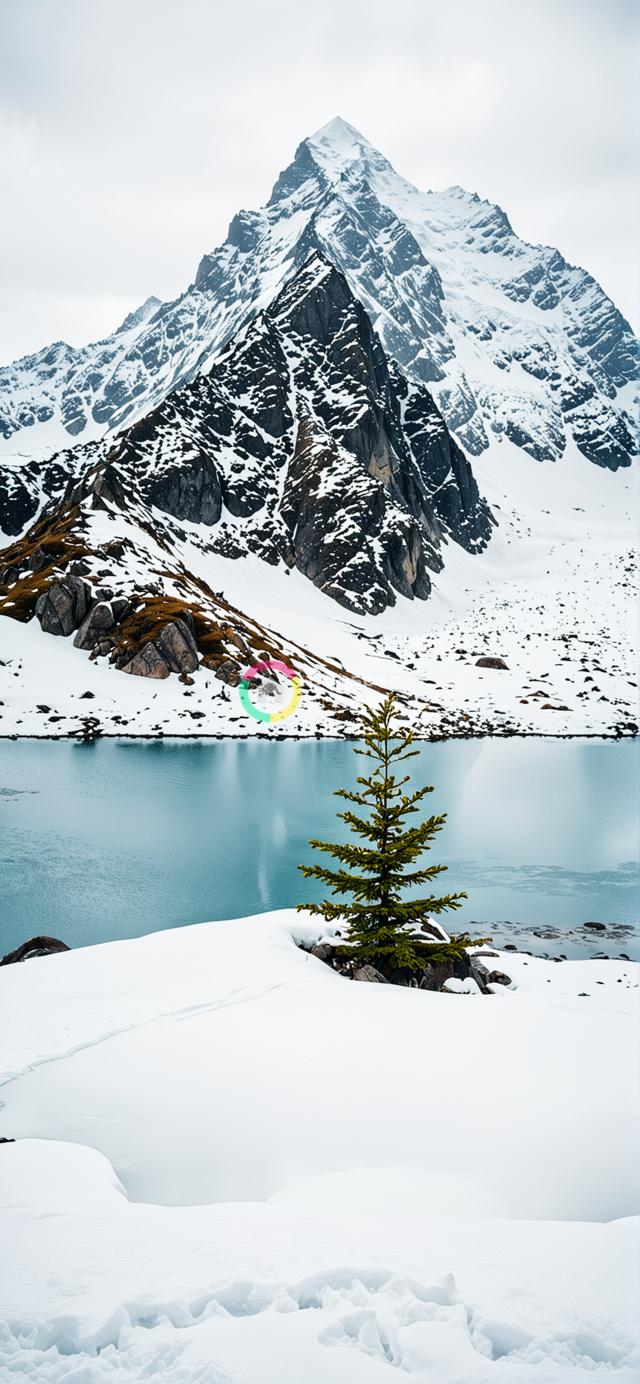雪覆盖高山景观：雄伟雪峰与宁静湖水间的静谧冬景