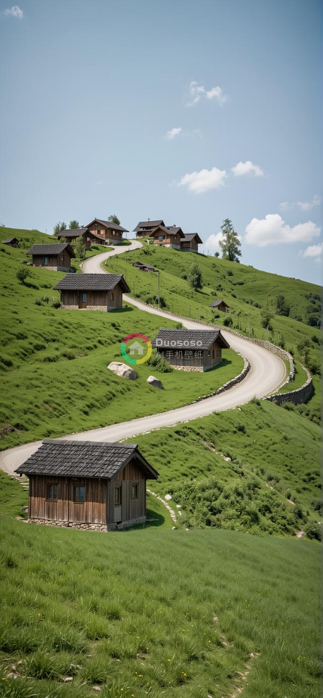 翠绿山腰风情画：幽静村庄与曲折石径的田园生活美景
