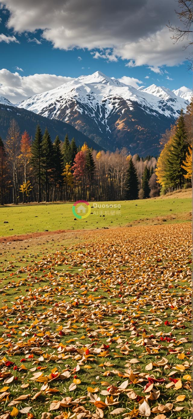 秋色斑斓：黄褐色落叶覆盖草地与雪峰交映的宁静风光